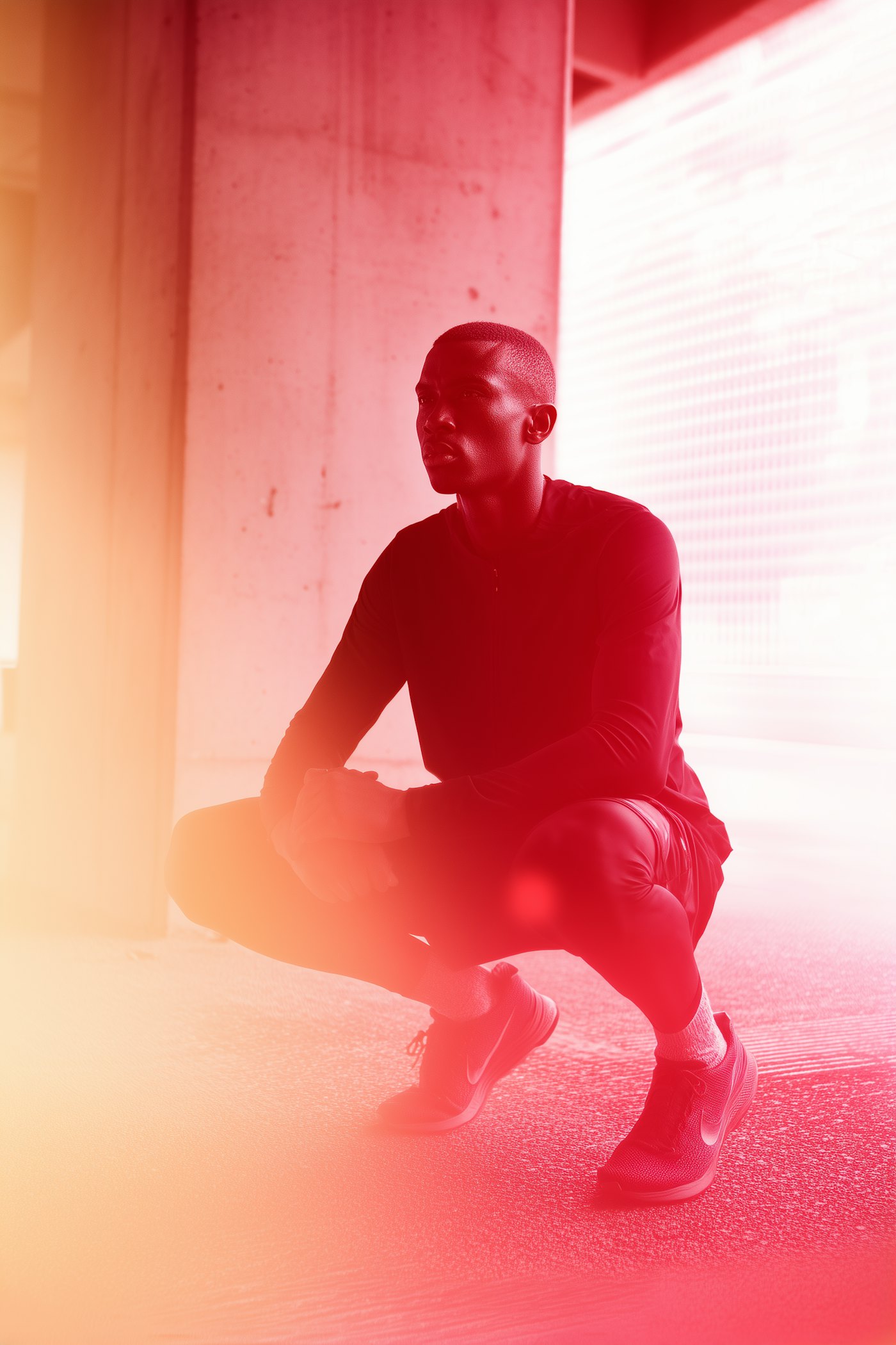 Athlete crouching in a concrete underpass, lit in deep red and orange light