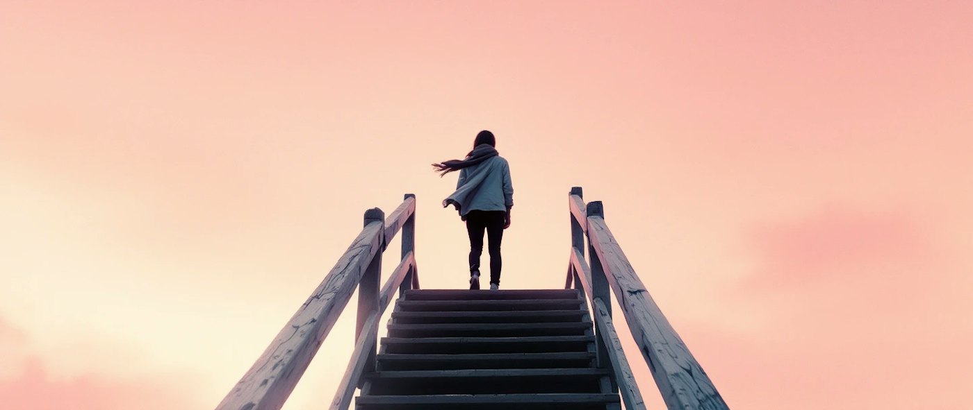 Woman climbing the last steps of a wooden staircase against a pink sunrise sky