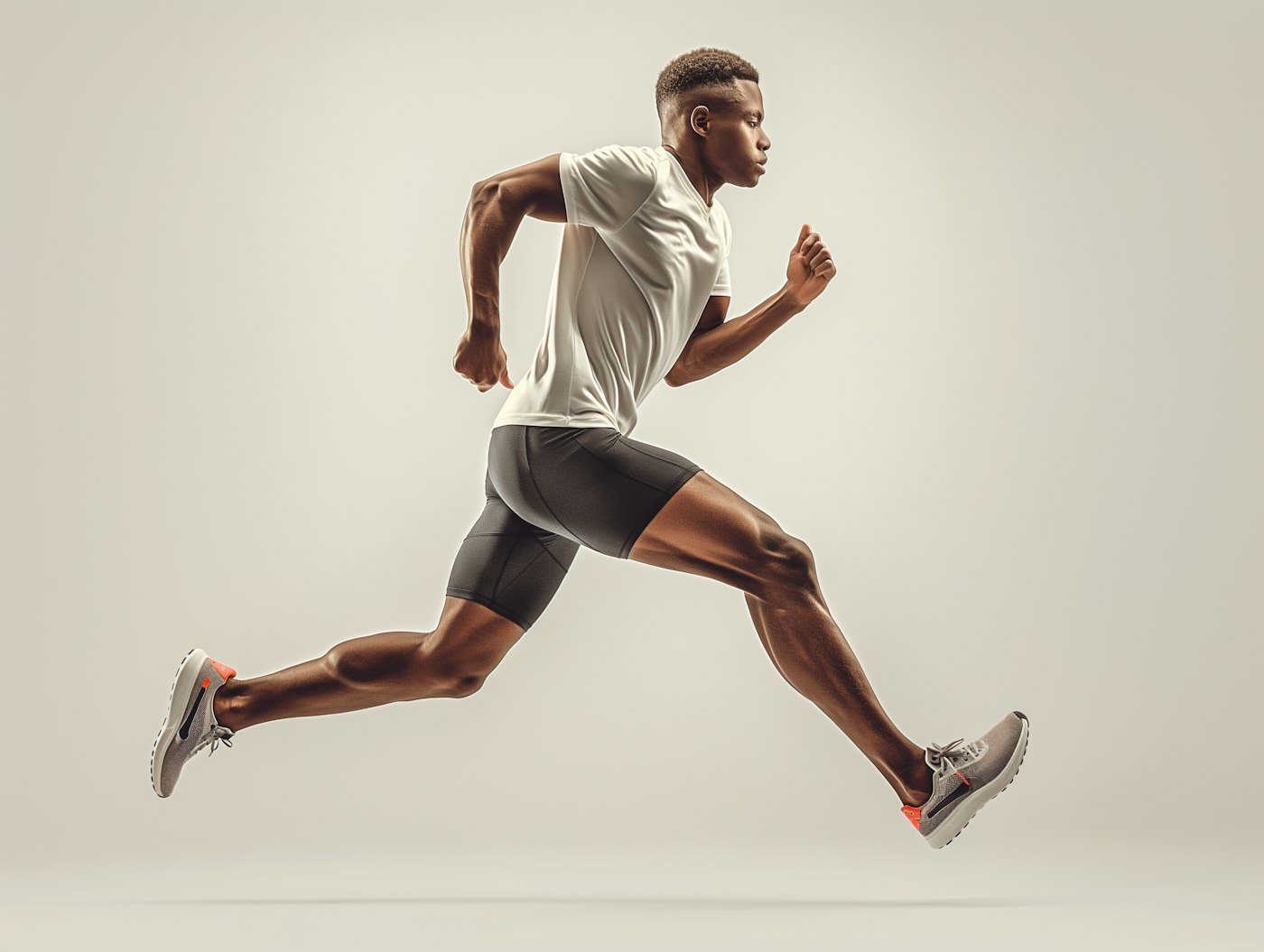 Athlete sprinting forward in mid-stride against a plain backdrop