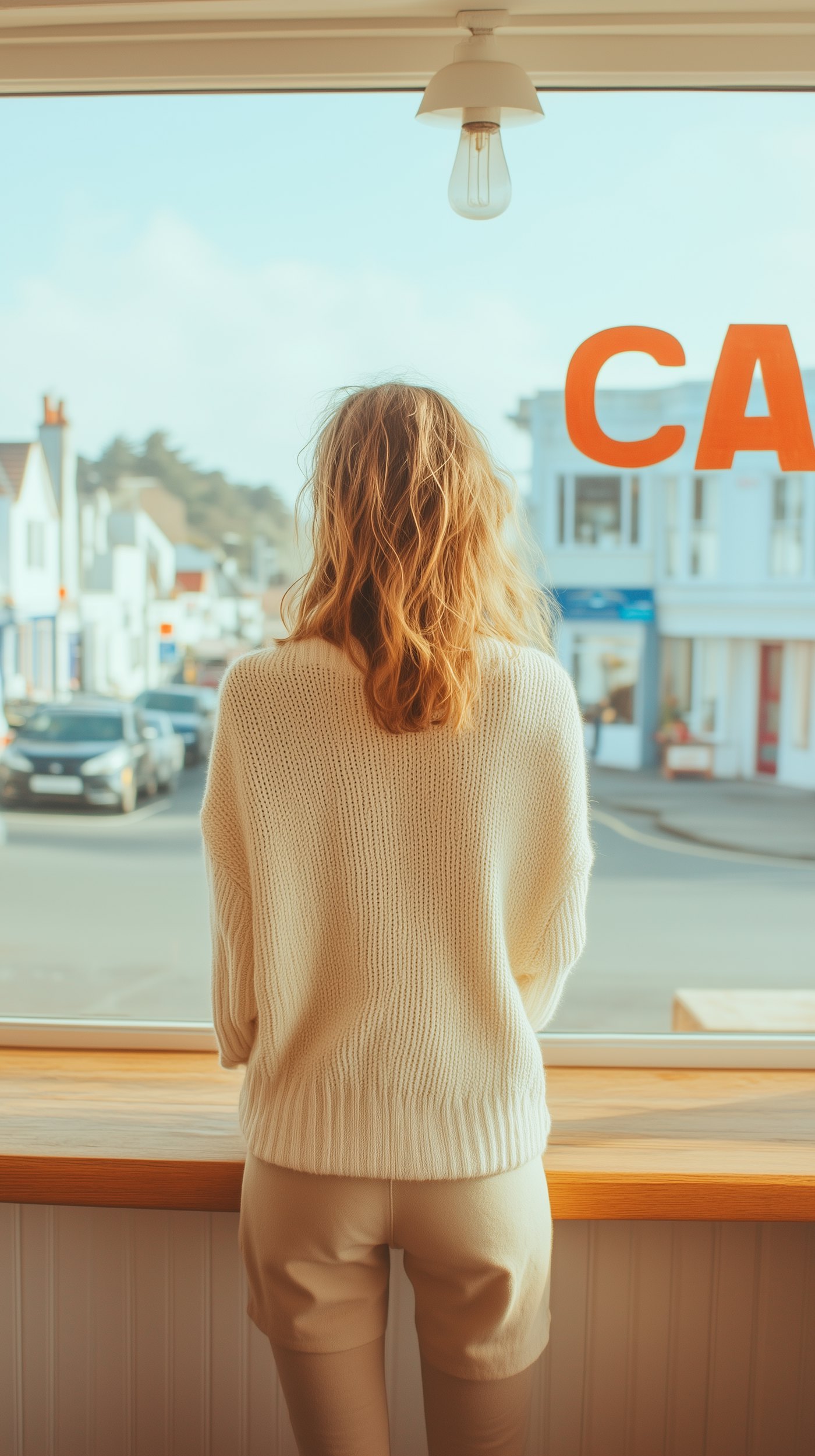 Woman in a cozy sweater gazing out of a cafe window onto a quiet street