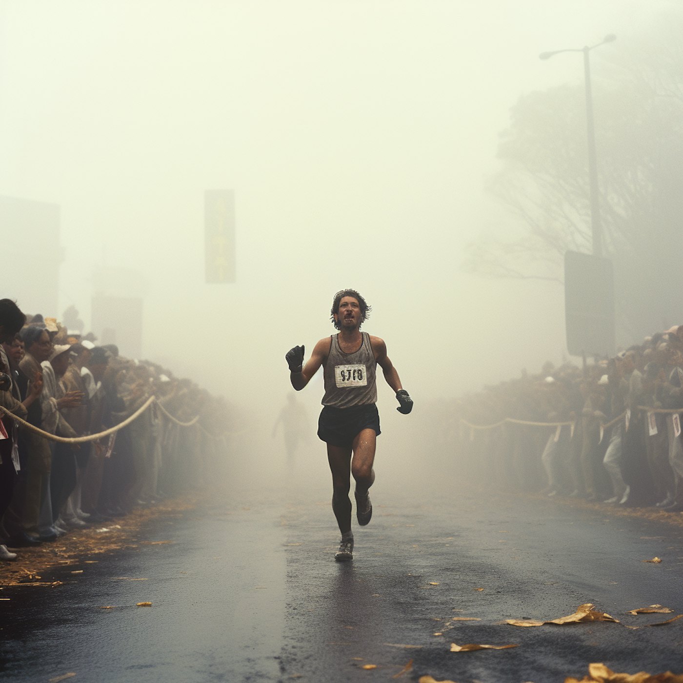 Marathon runner pushing through thick fog as spectators line the road