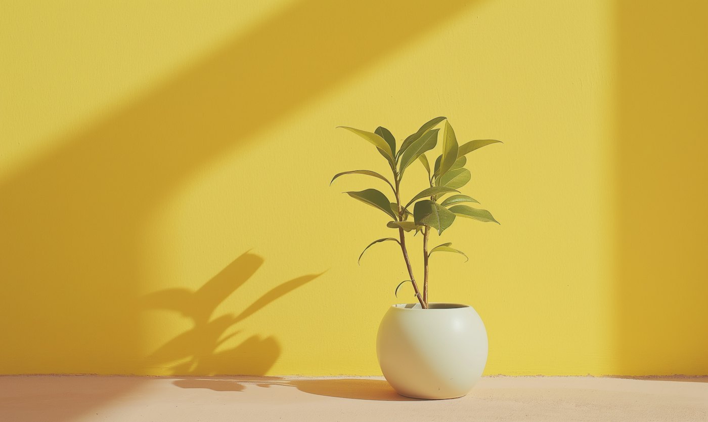 Young green plant in a white pot against a sunlit yellow wall