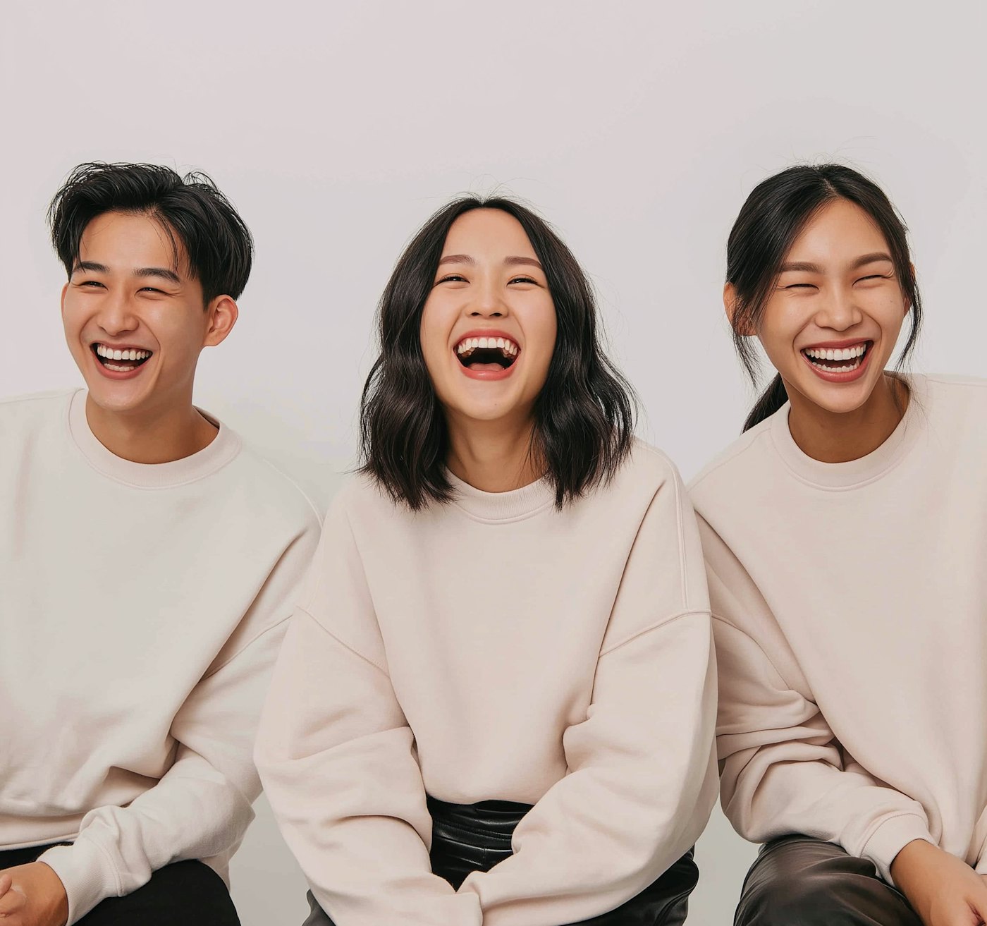 Three friends in matching sweatshirts laughing together