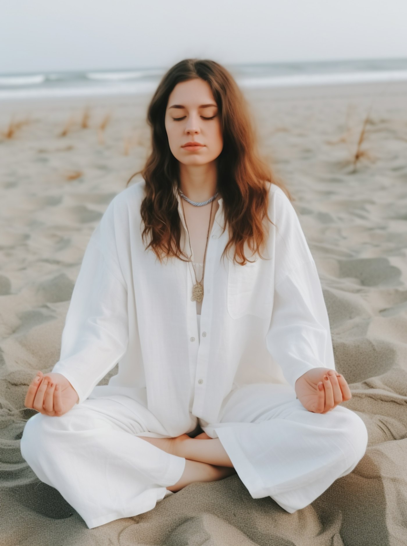 Woman in white meditating on a sandy beach with waves rolling in behind her