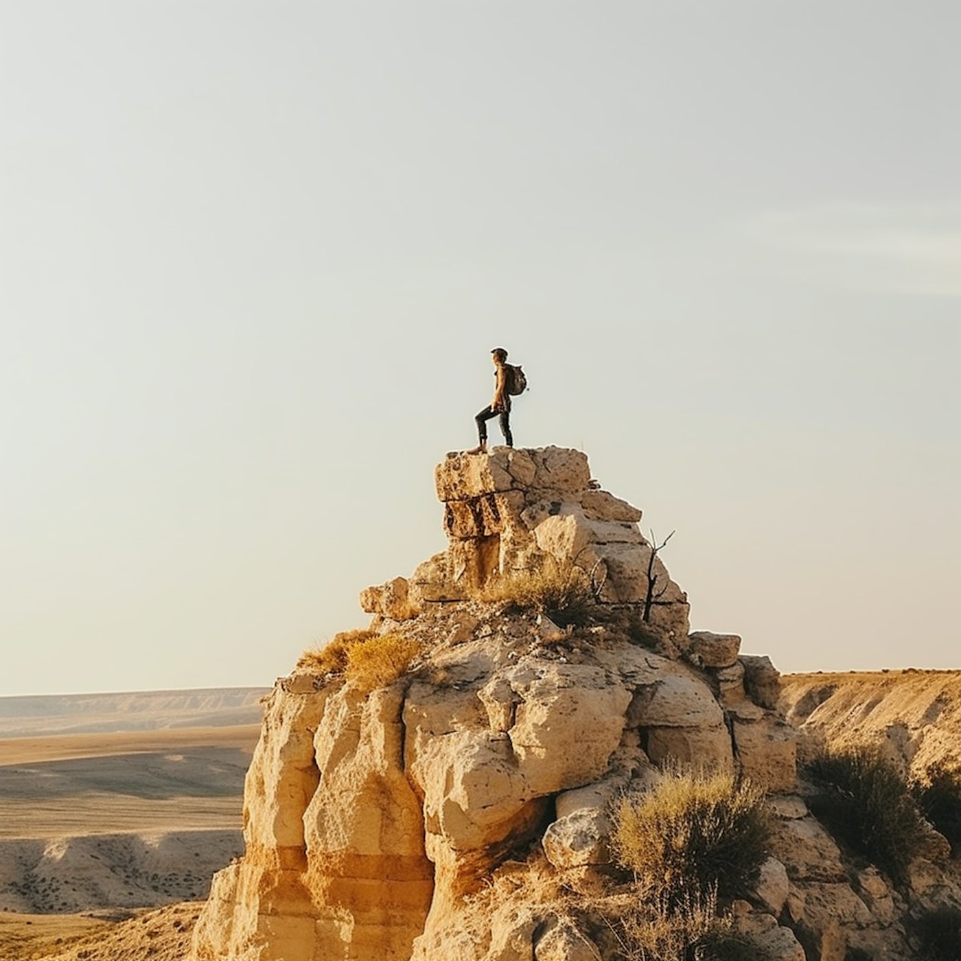 Hiker standing on top of a rugged rock formation above a vast landscape